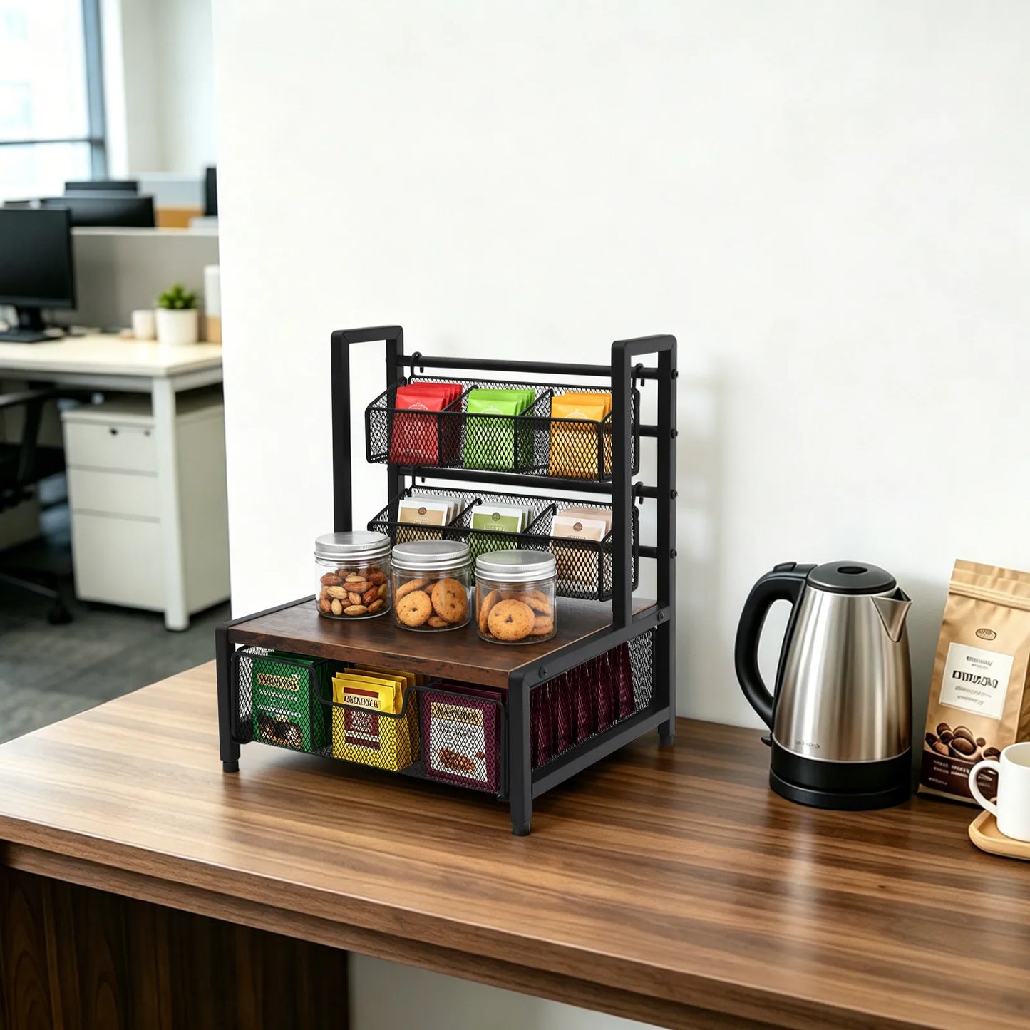 Kitchen Tea Bag Holder Counter Organizer Space Saver With Wire Baskets