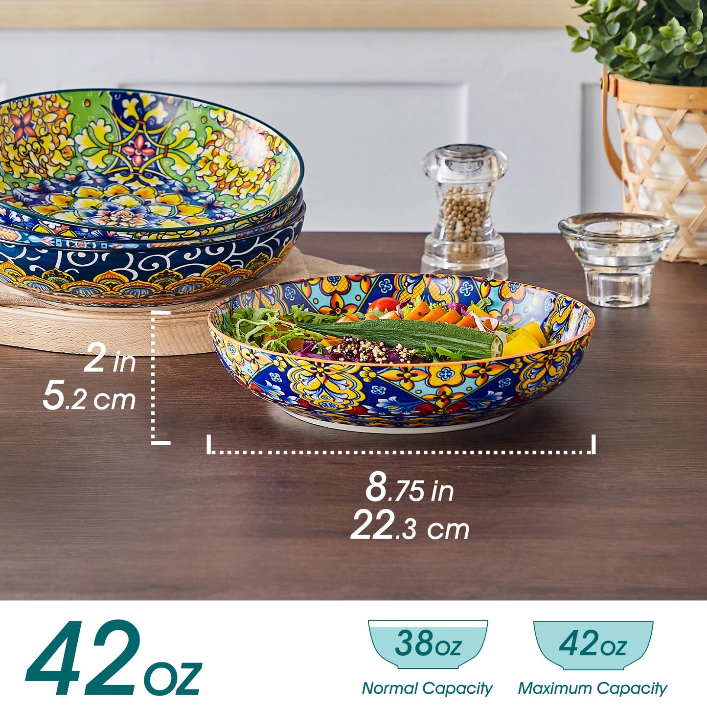 MALACASA Beautiful Floral Pattern Ceramic Soup And Pasta Bowls