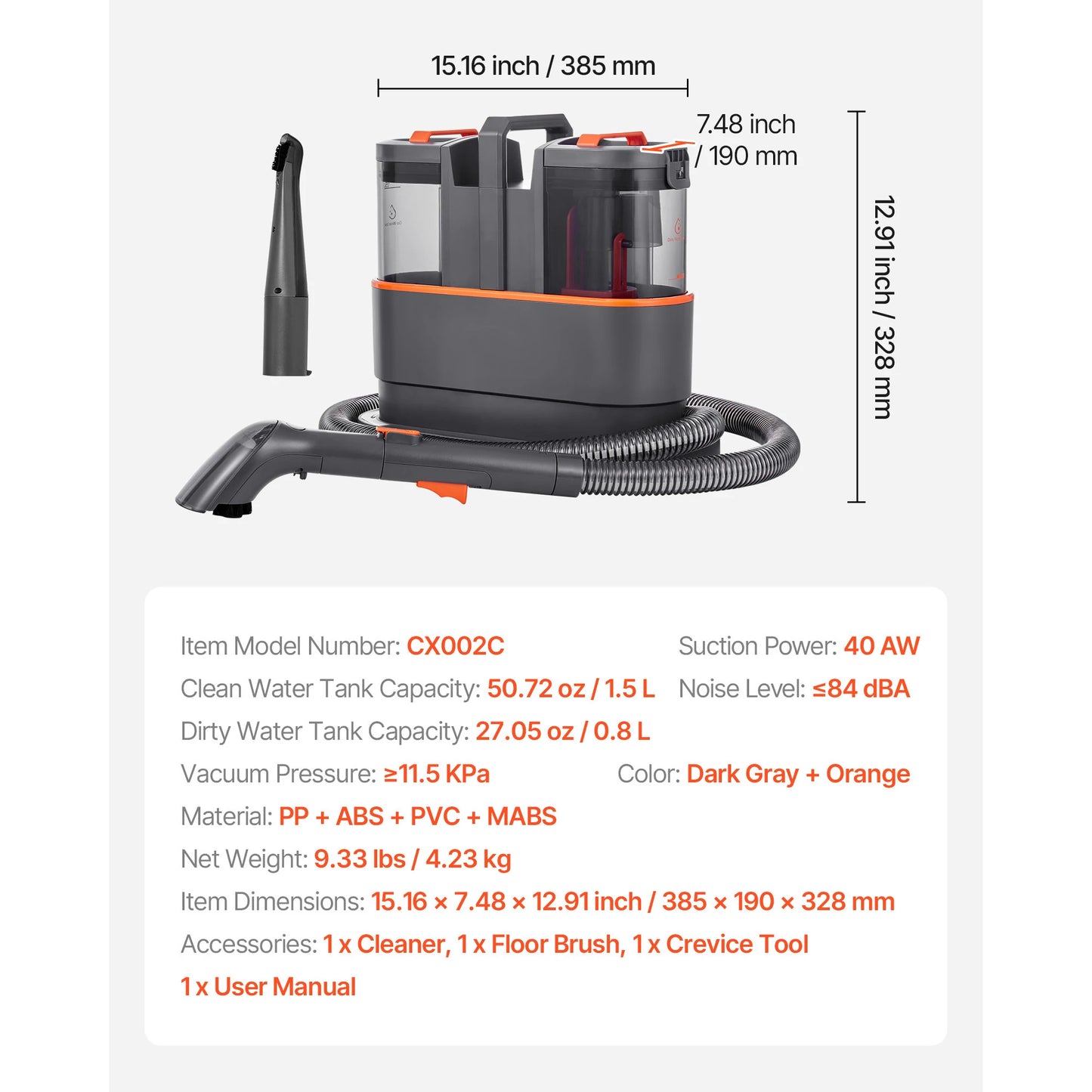 Carpet Cleaner Handheld Extractor With Dual Water Tanks For Rug