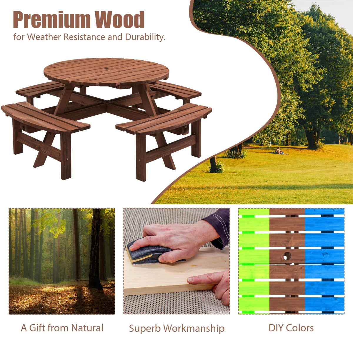 Wooden Outdoor Picnic Table With Built In Benches For Garden