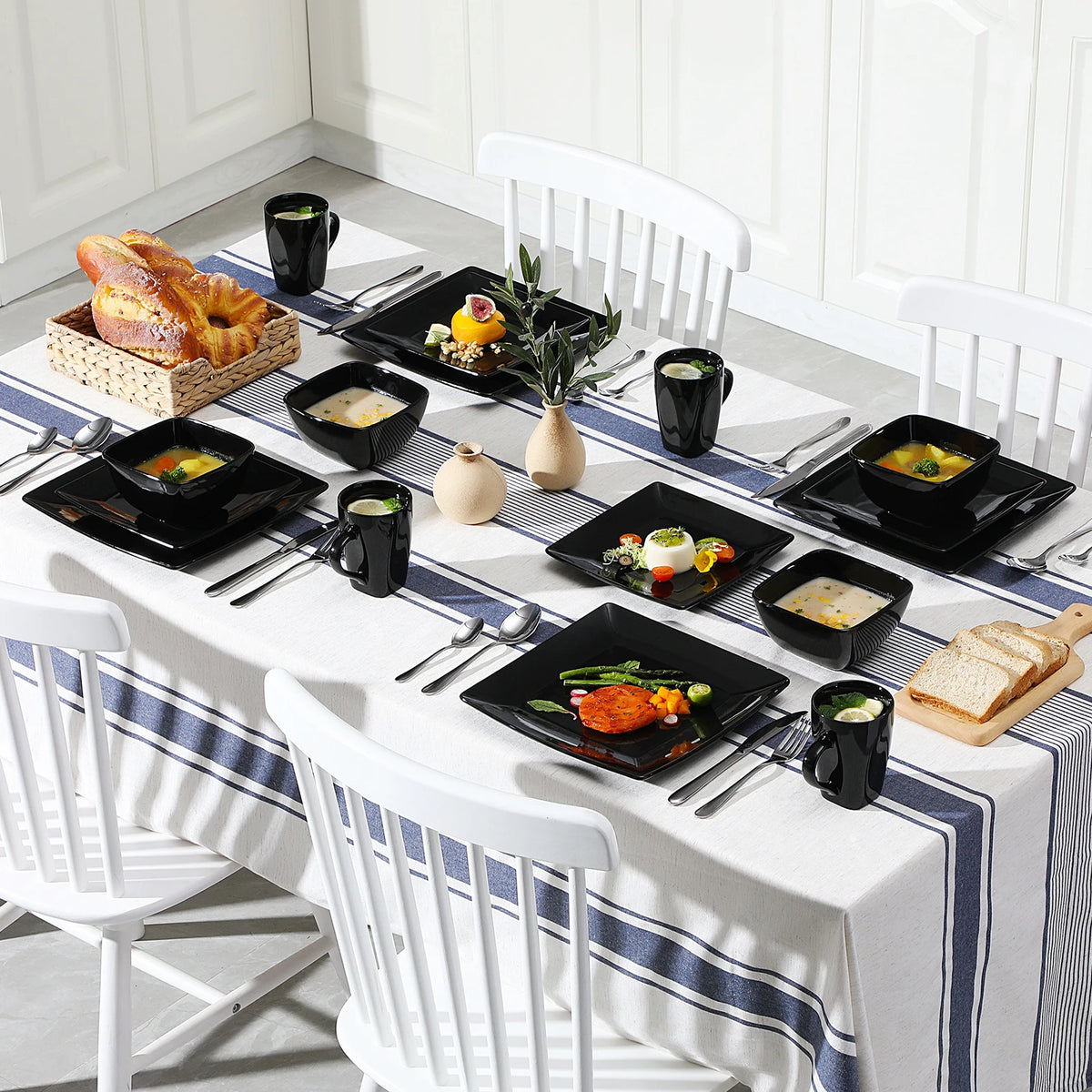 Malacasa Square Ceramic Porcelain Dinnerware Set Plates Bowls Mugs