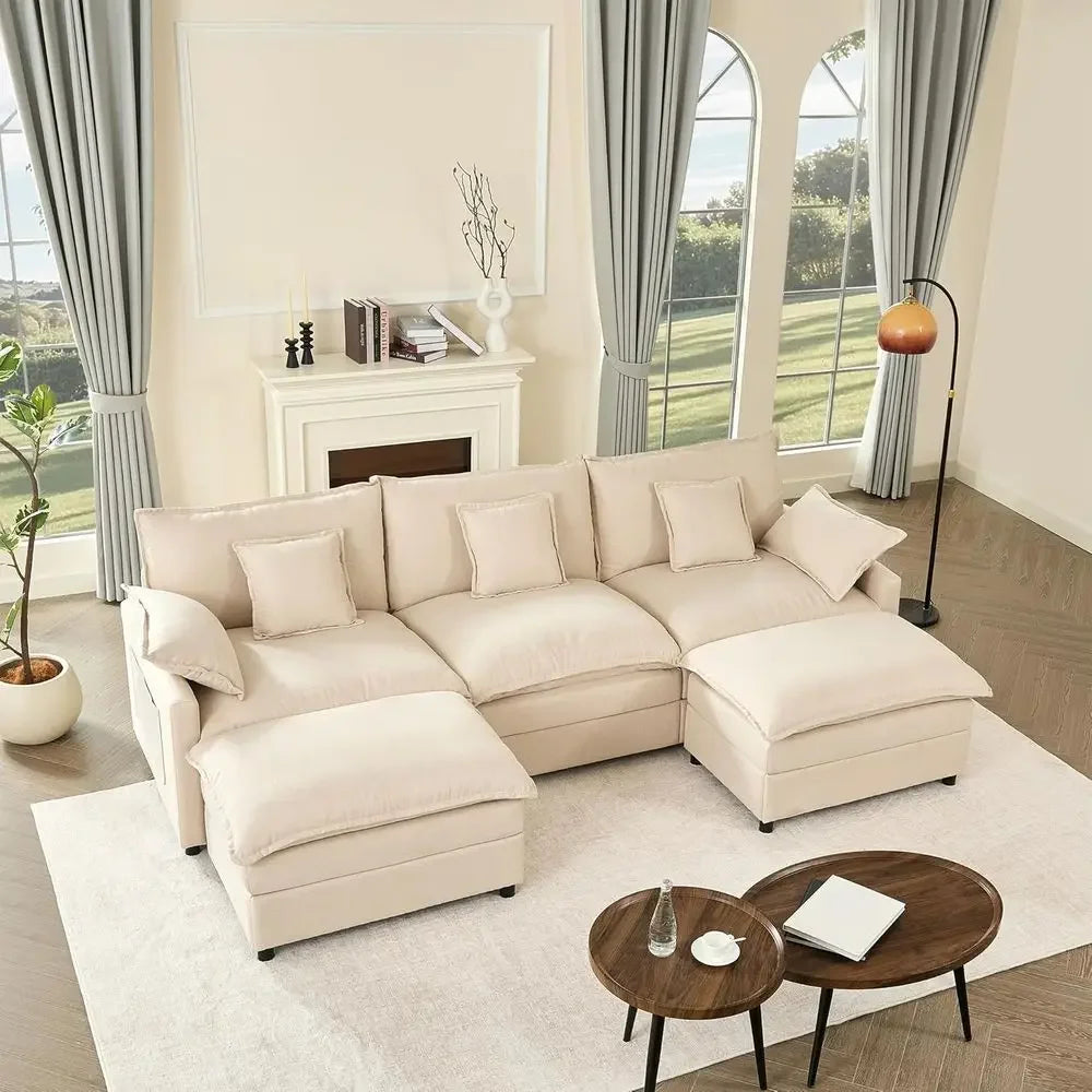 Modular Sectional Sofa Set With Movable Ottoman And Deep Seats