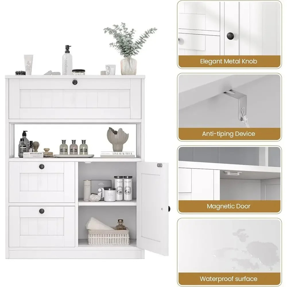 Bathroom Floor Storage Cabinet With 1 Door And 3 Drawers