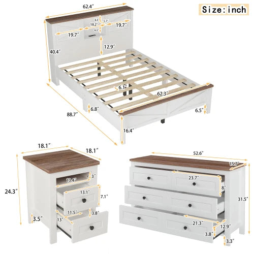 Farmhouse 3-Piece Bedroom Set With Platform Bed Storage Nightstand Dresser