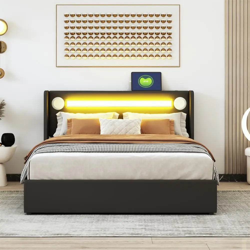 Bunk Bed With Mattress LED Light Strip Bluetooth USB Charging