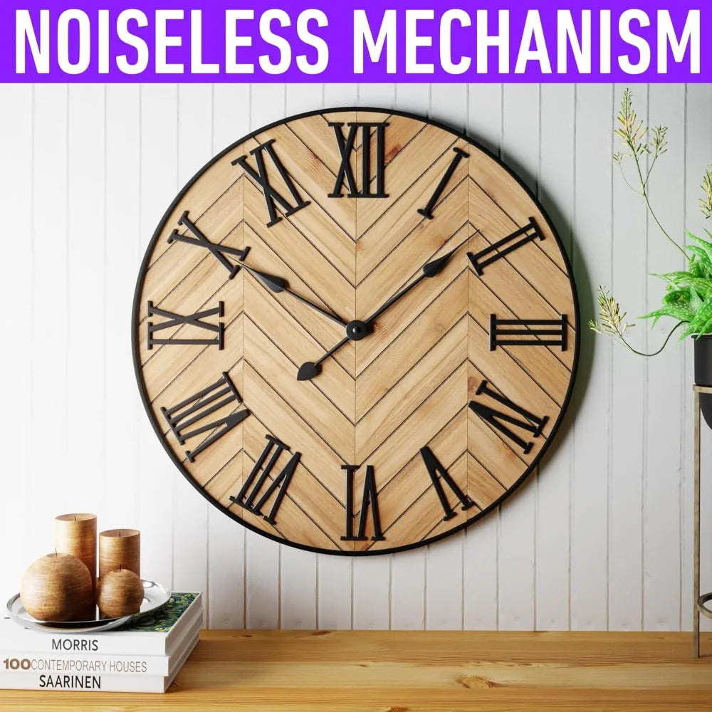 Farmhouse Wall Clock Silent Metal And Wood Living Room Decor