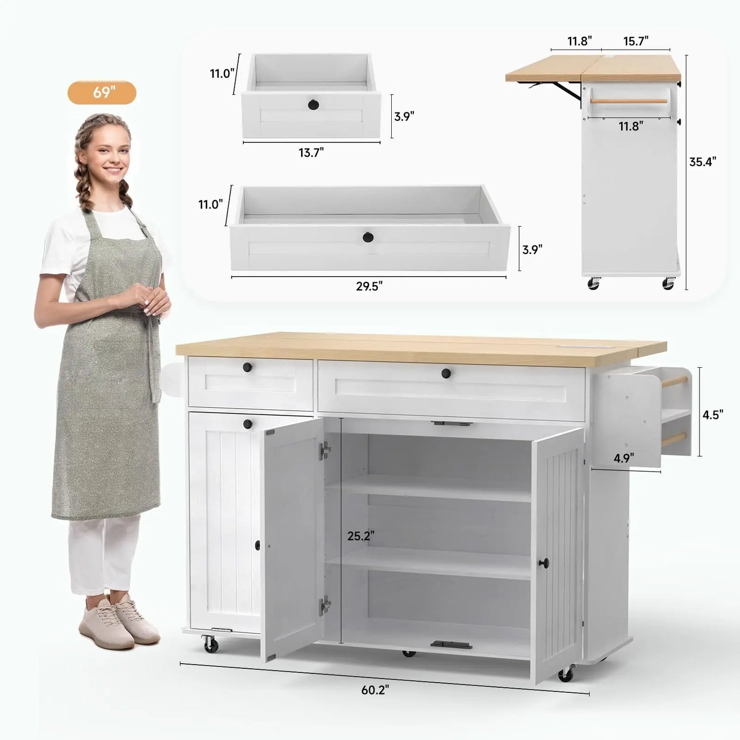 ONBRILL Mobile Kitchen Island With Drop Leaf Power Outlet Towel Rack
