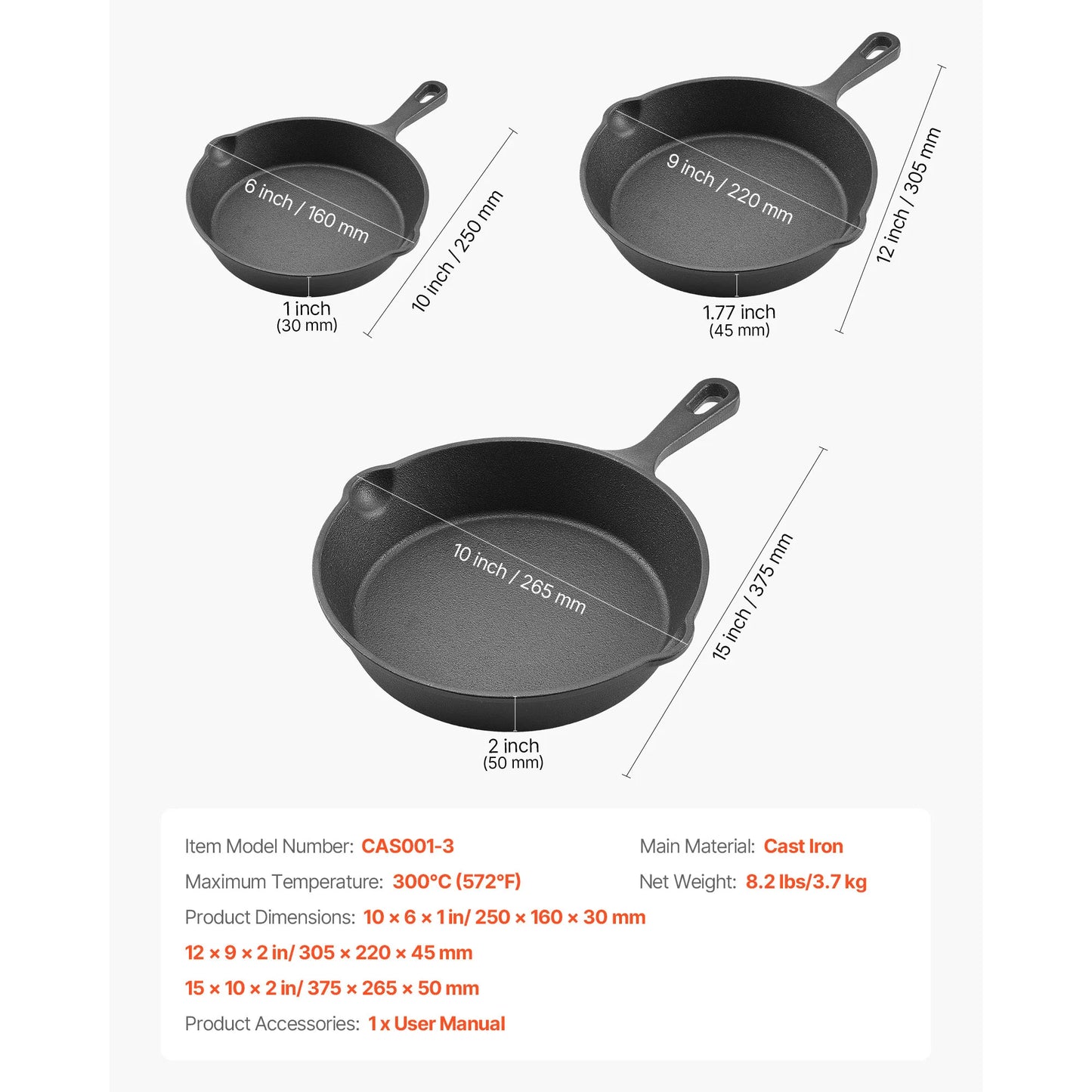 SucceBuy Cast Iron Skillet Set Heavy Duty Preseasoned Frying Pans
