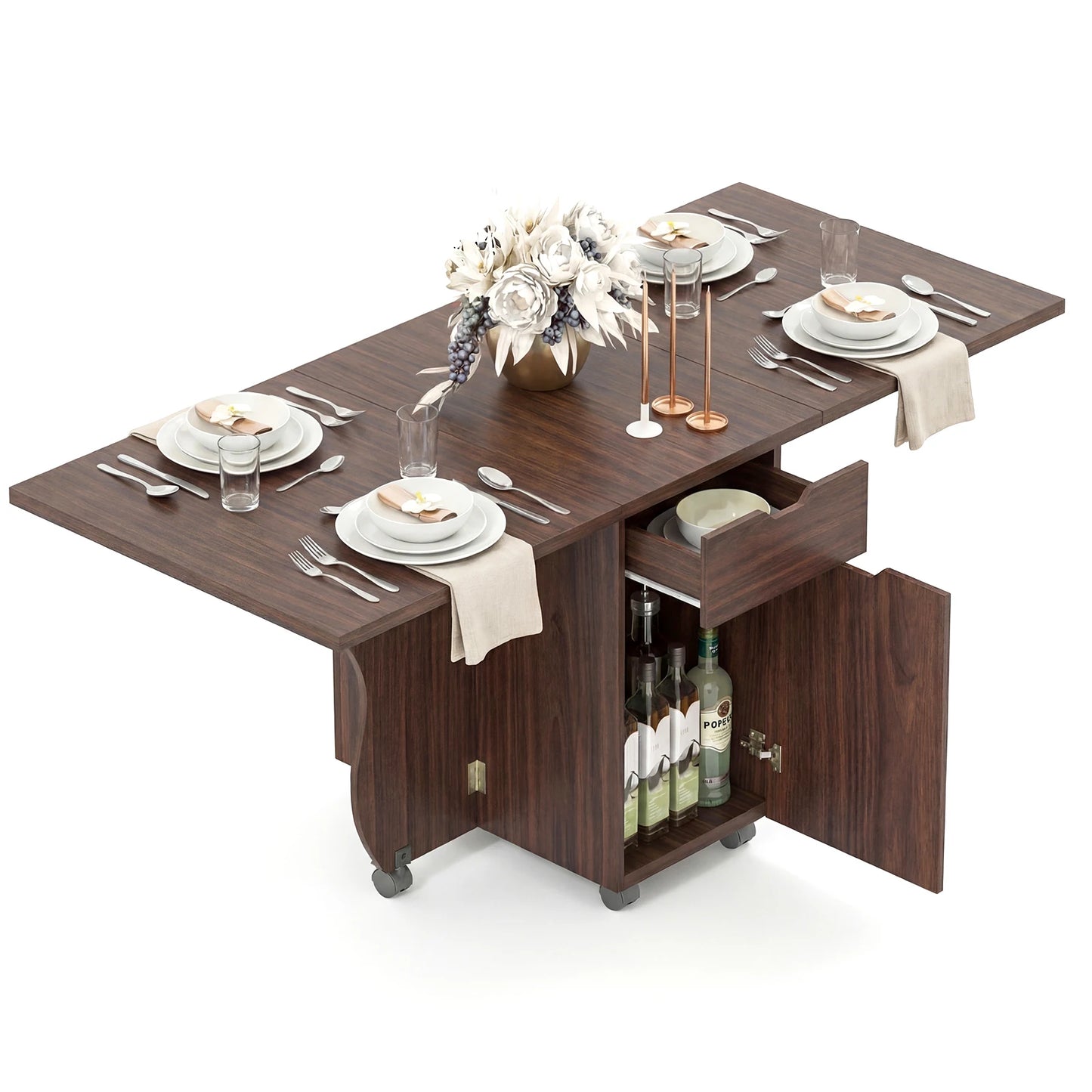 HOMASIS Folding Dining Table With Lockable Wheels Drawers And Cabinets