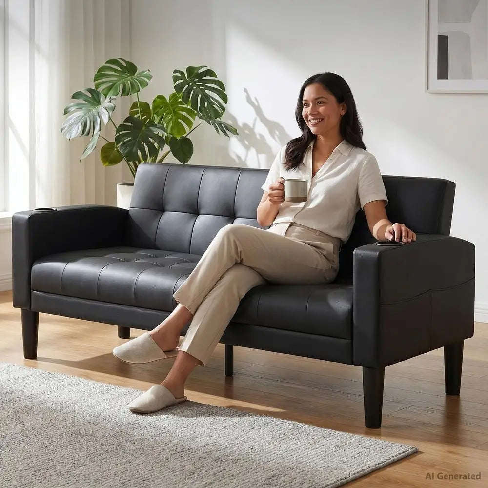 Upholstered Leather Loveseat Sofa With USB Ports And Cup Holders