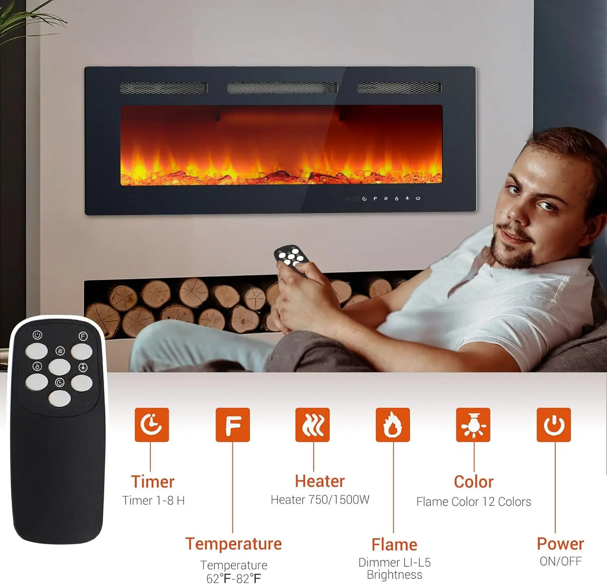 Recessed Electric Fireplace With Adjustable Flame Colors And Touch Screen