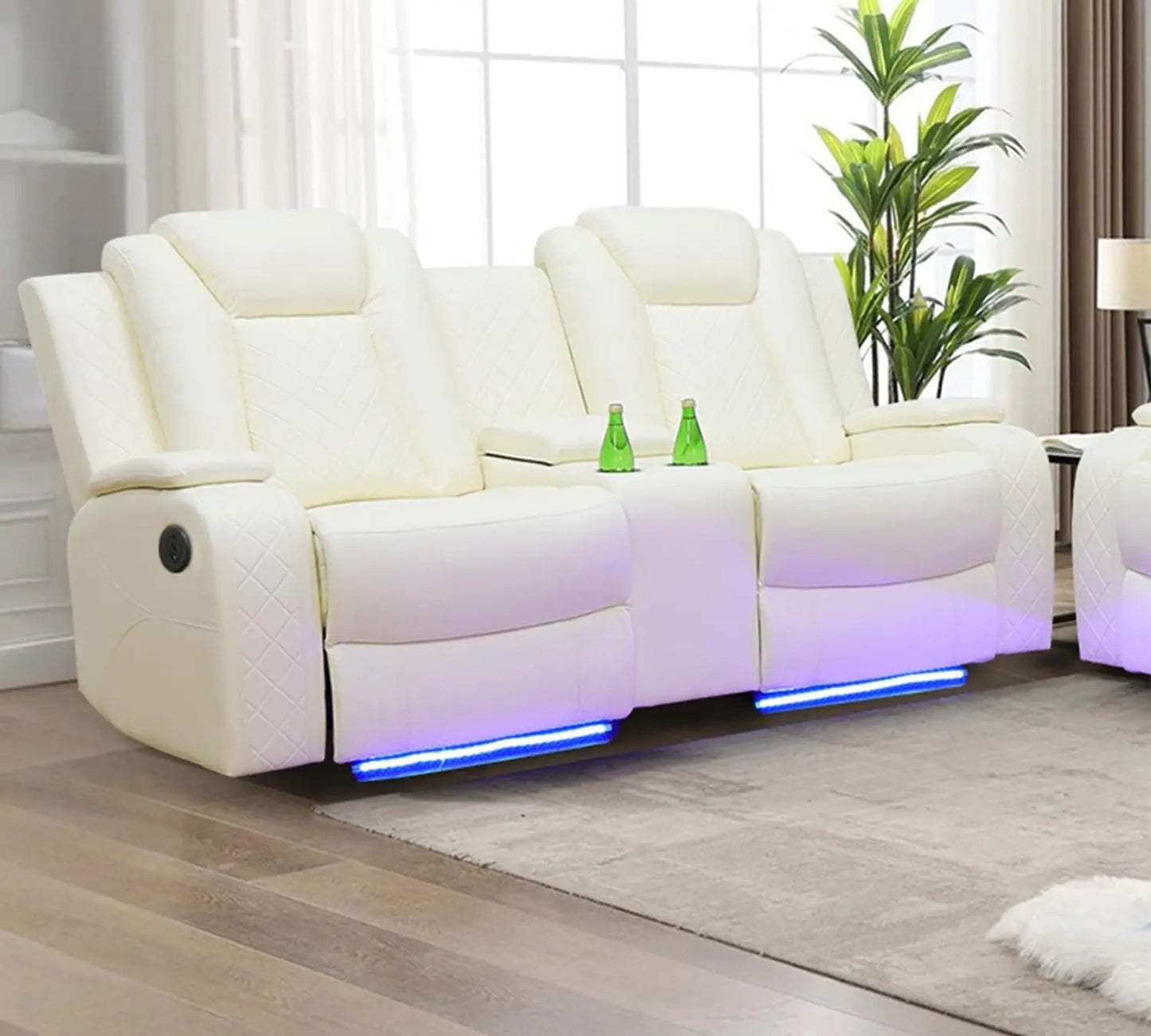 Faux Leather Power Recliner Loveseat With USB Port LED Lights Console
