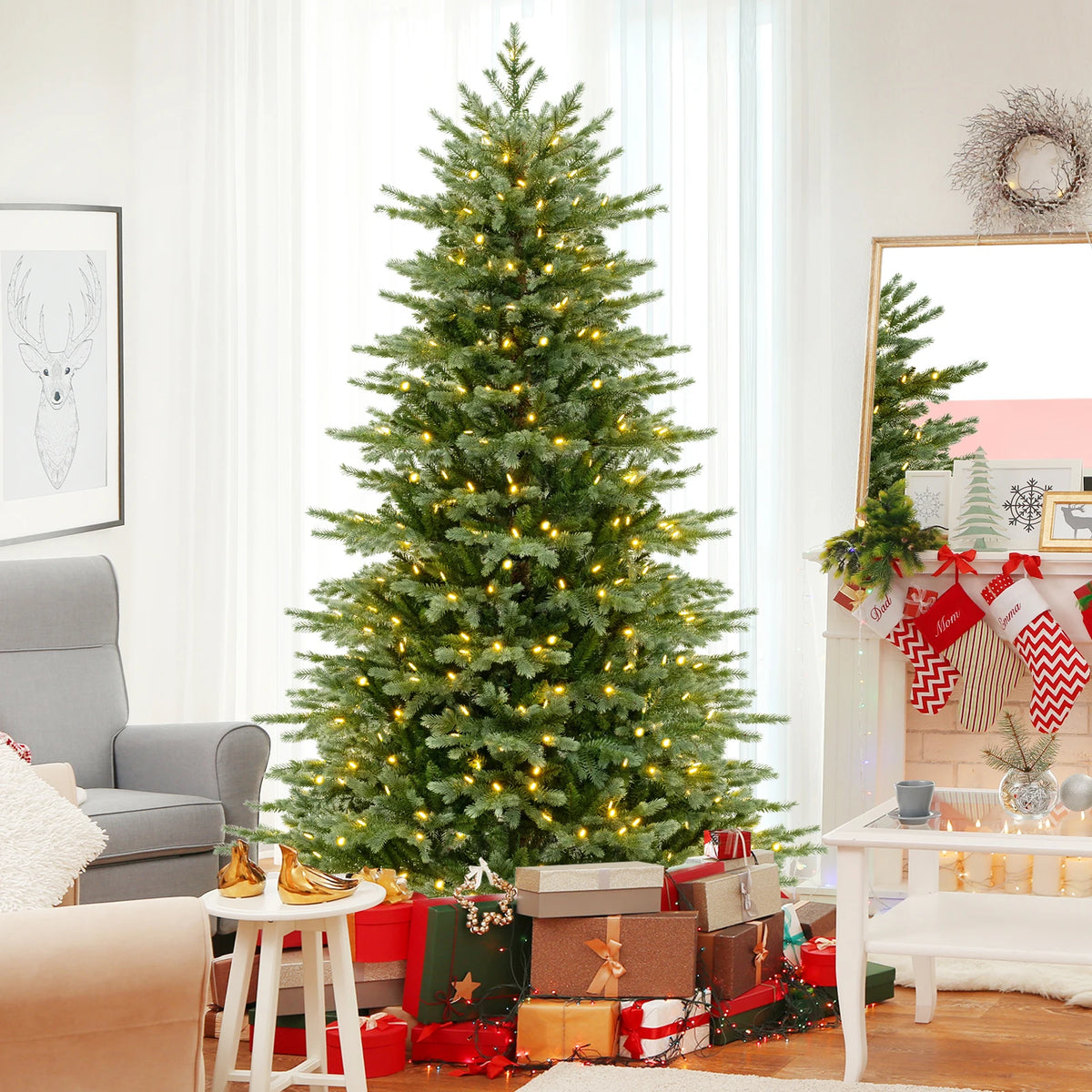 LIFEZEAL Pre Lit Artificial Christmas Tree With Hinged Spruce Branches