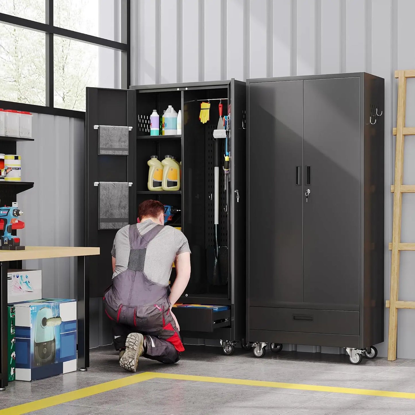 GELU Metal Garage Storage Cabinet On Wheels With Shelves