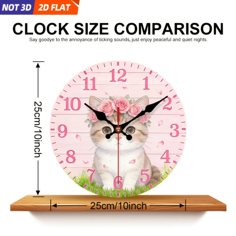 Livi Cat And Rose Wreath Wall Clock With Silent Operation