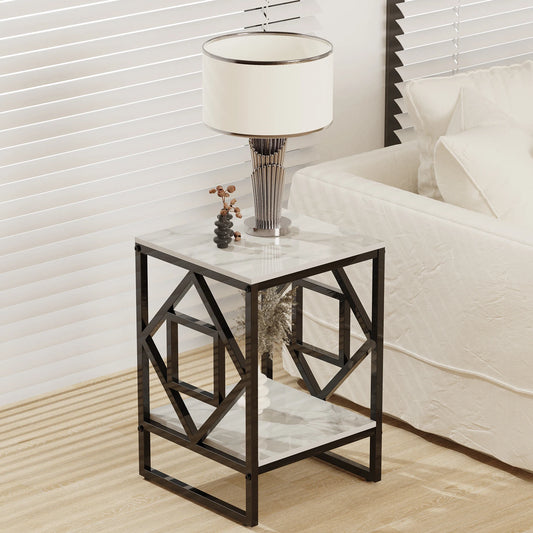White Marble Top Side Table With Black Coated Frame