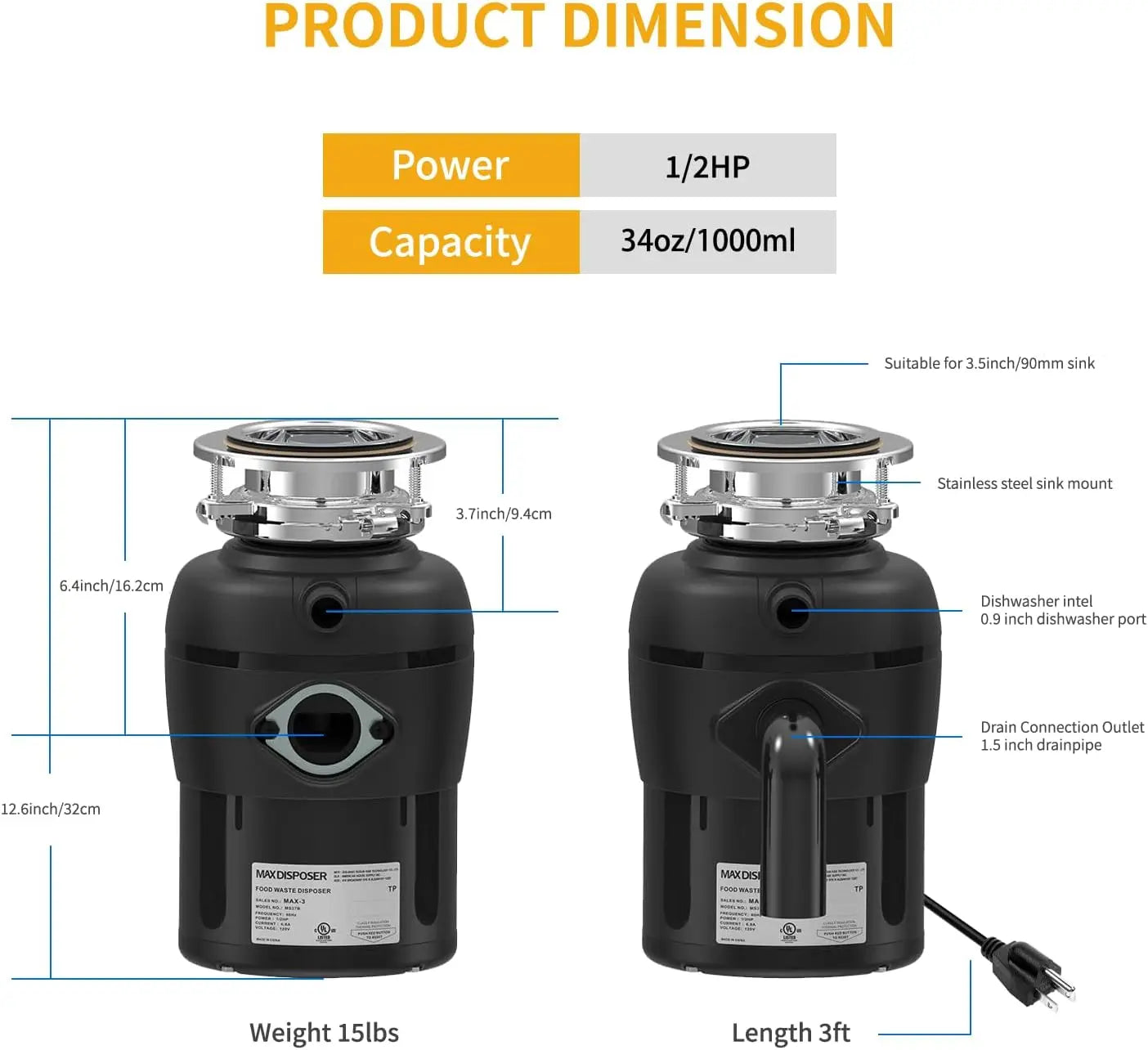XMSJ Half HP Garbage Disposal With Stopper And Power Cord