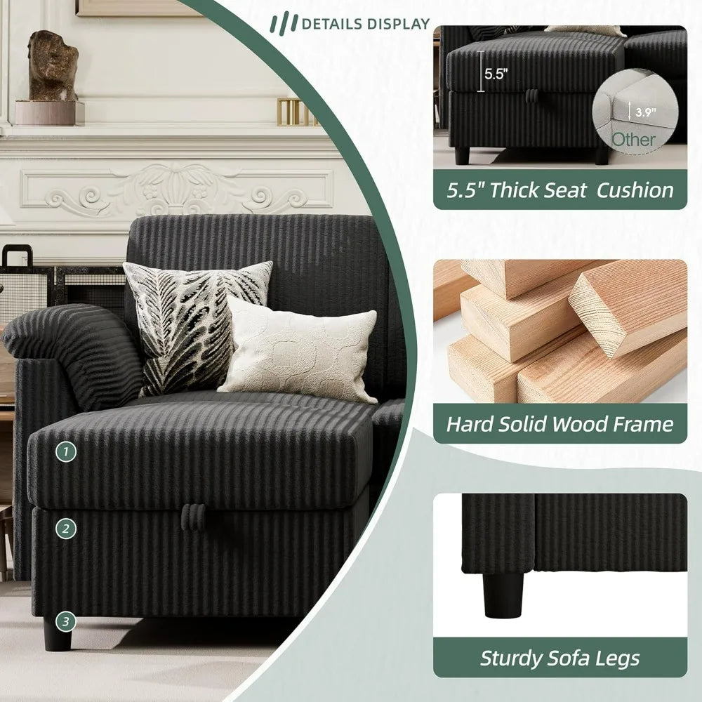 L-Shaped Convertible Sofa With Storage Ottoman And Side Pocket