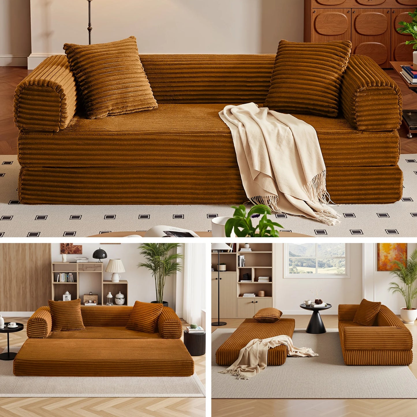 PIYRQ Sofa Bed Boneless Couch With Pull Out Sleeper And Corduroy Upholstery