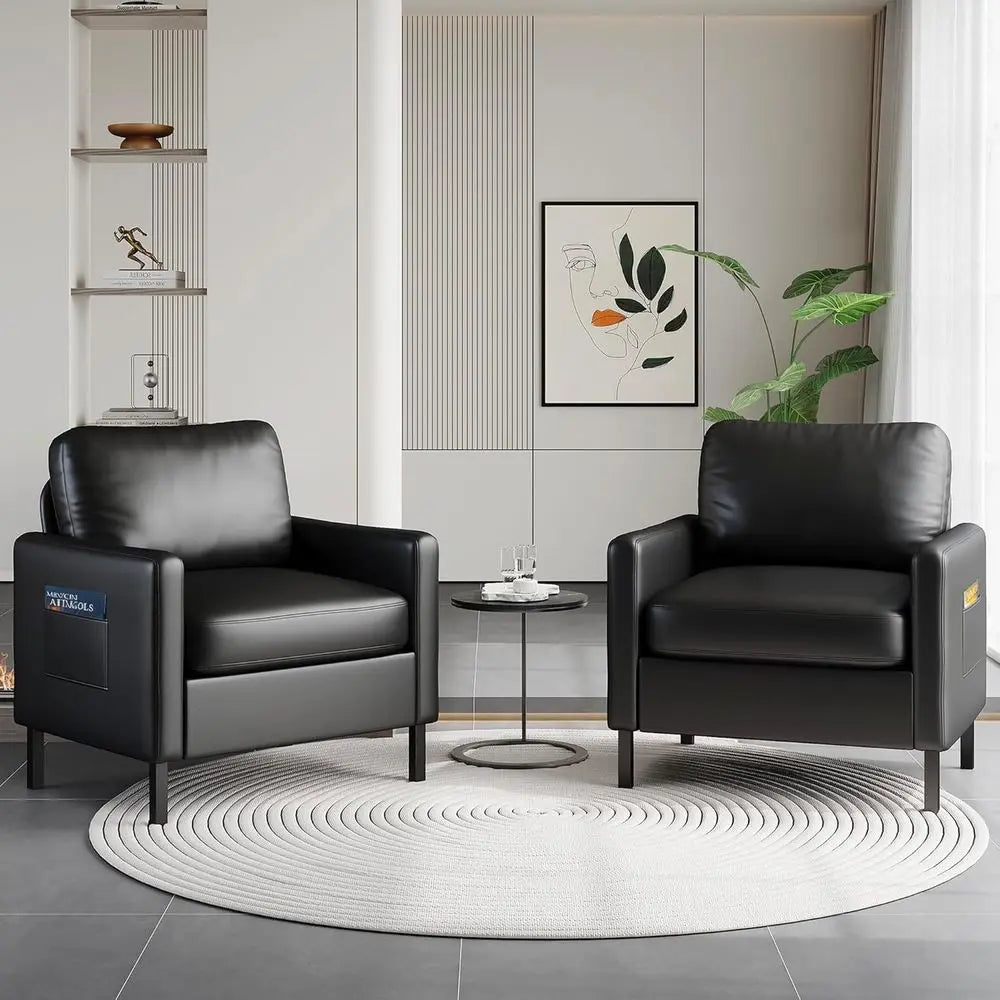 Faux Leather Accent Chairs With Arms Metal Frame For Living Room