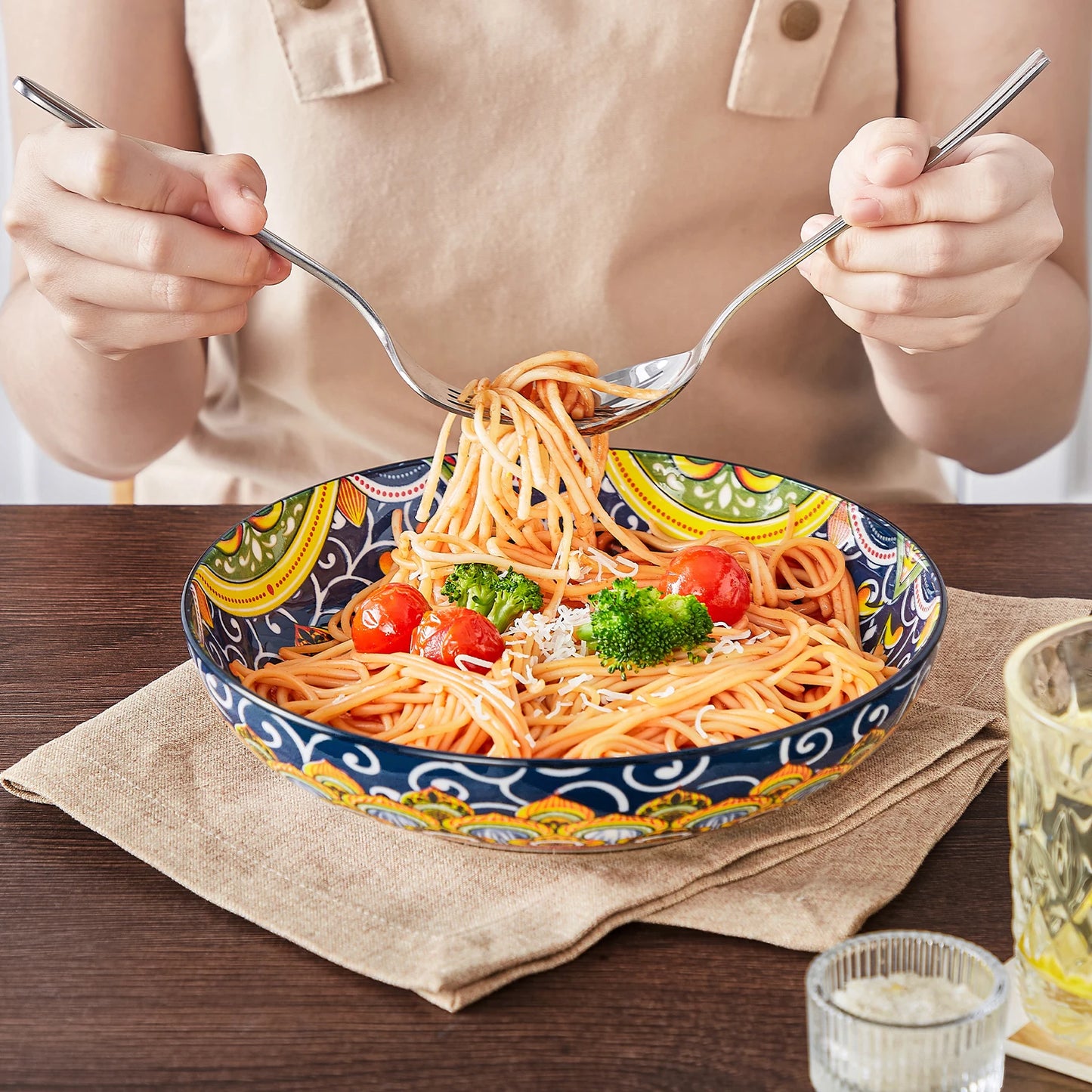 MALACASA Beautiful Floral Pattern Ceramic Soup And Pasta Bowls
