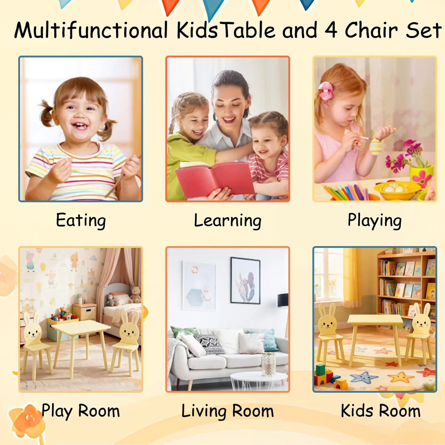 Kids Bunny Table and Chair Set for Toddlers Wooden Design