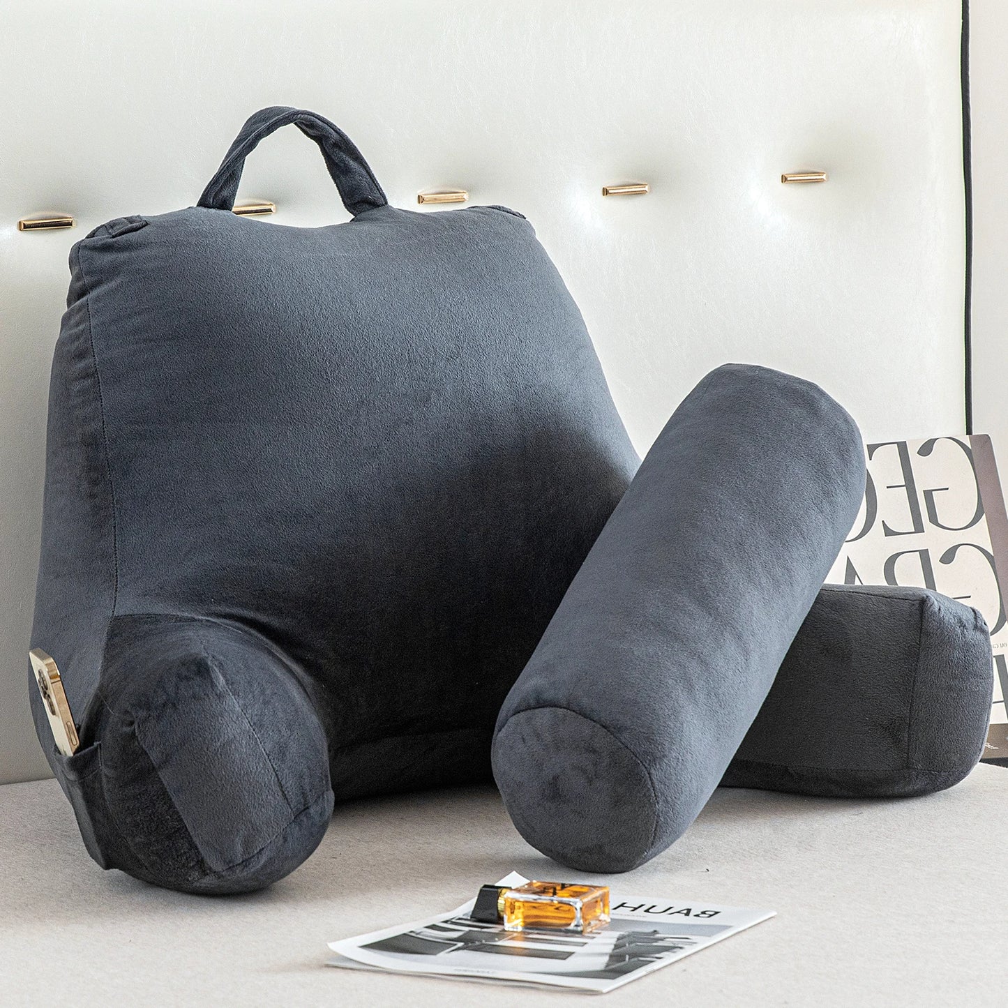 Bed Rest Reading Pillow With Arms For Backrest Support And Neck Roll