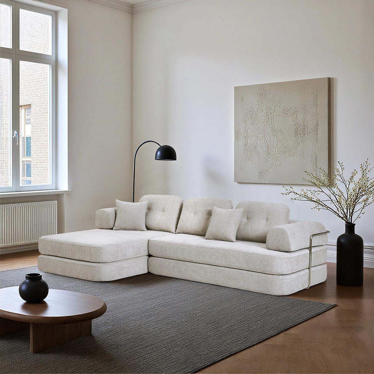 Boneless Foldable Convertible Chenille Futon Sleeper Sofa With Chaise