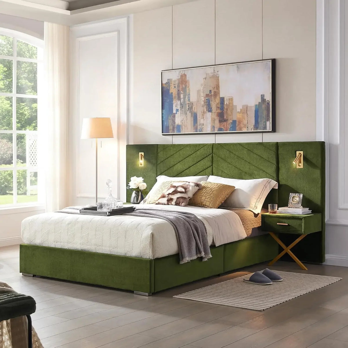 DIGGERA Upholstered Platform Bed Frame With LED Lights And Nightstands