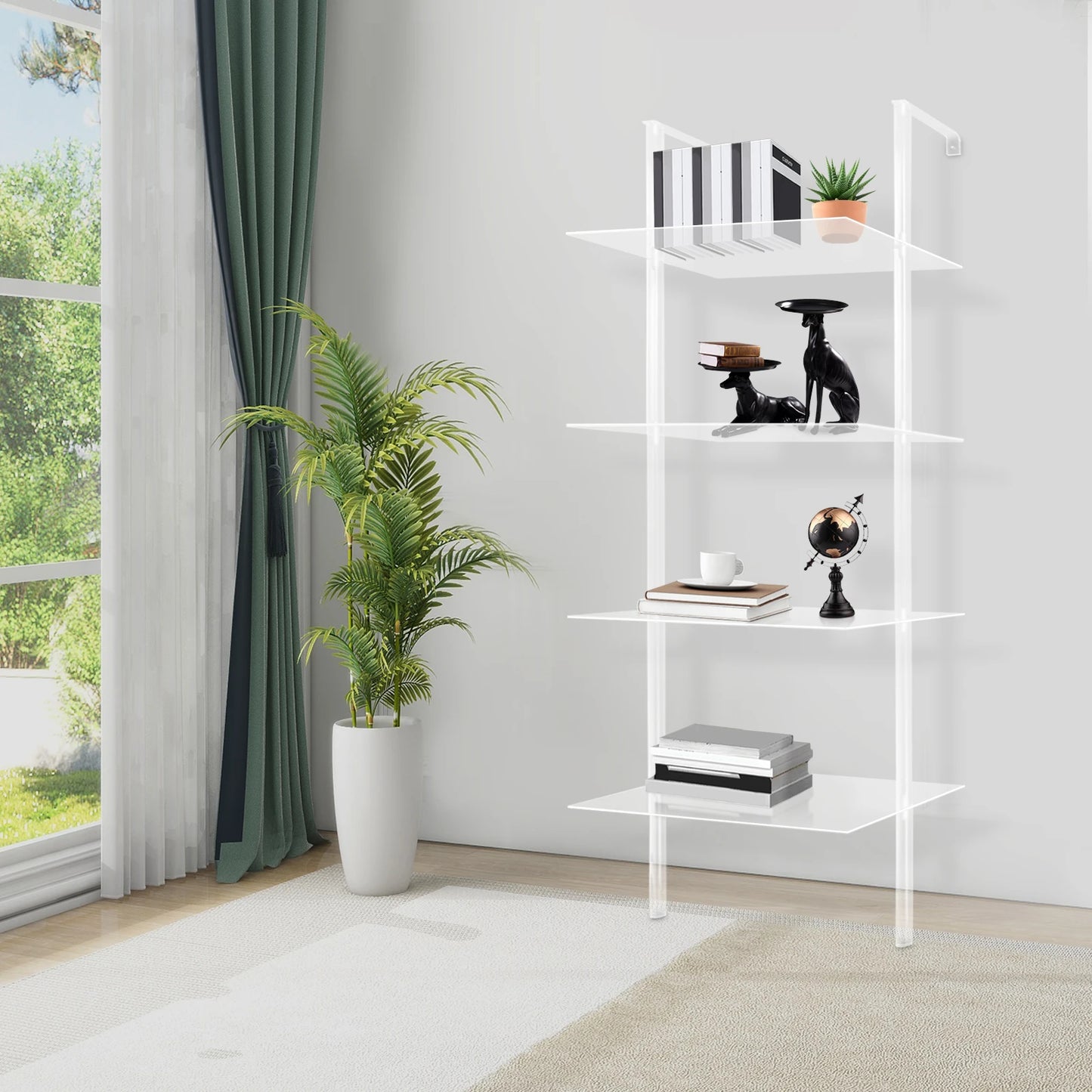 4 Tier Clear Acrylic Ladder Bookshelf Wall Mount Floor Standing