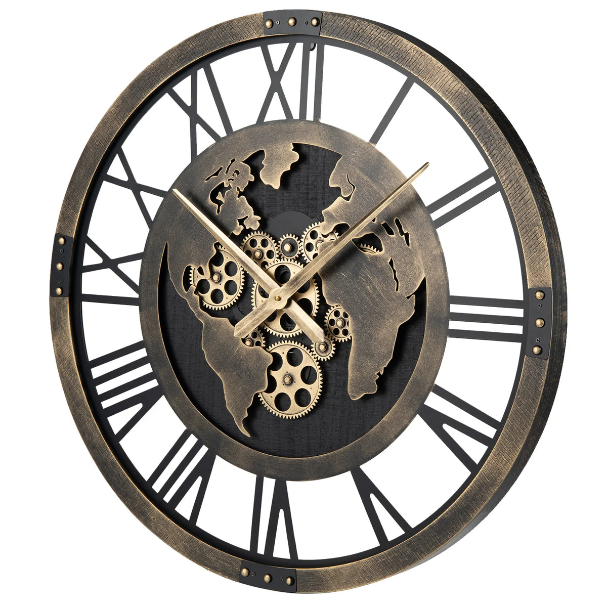 HOMASIS Silent Decorative Metal Gear Wall Clock With World Map