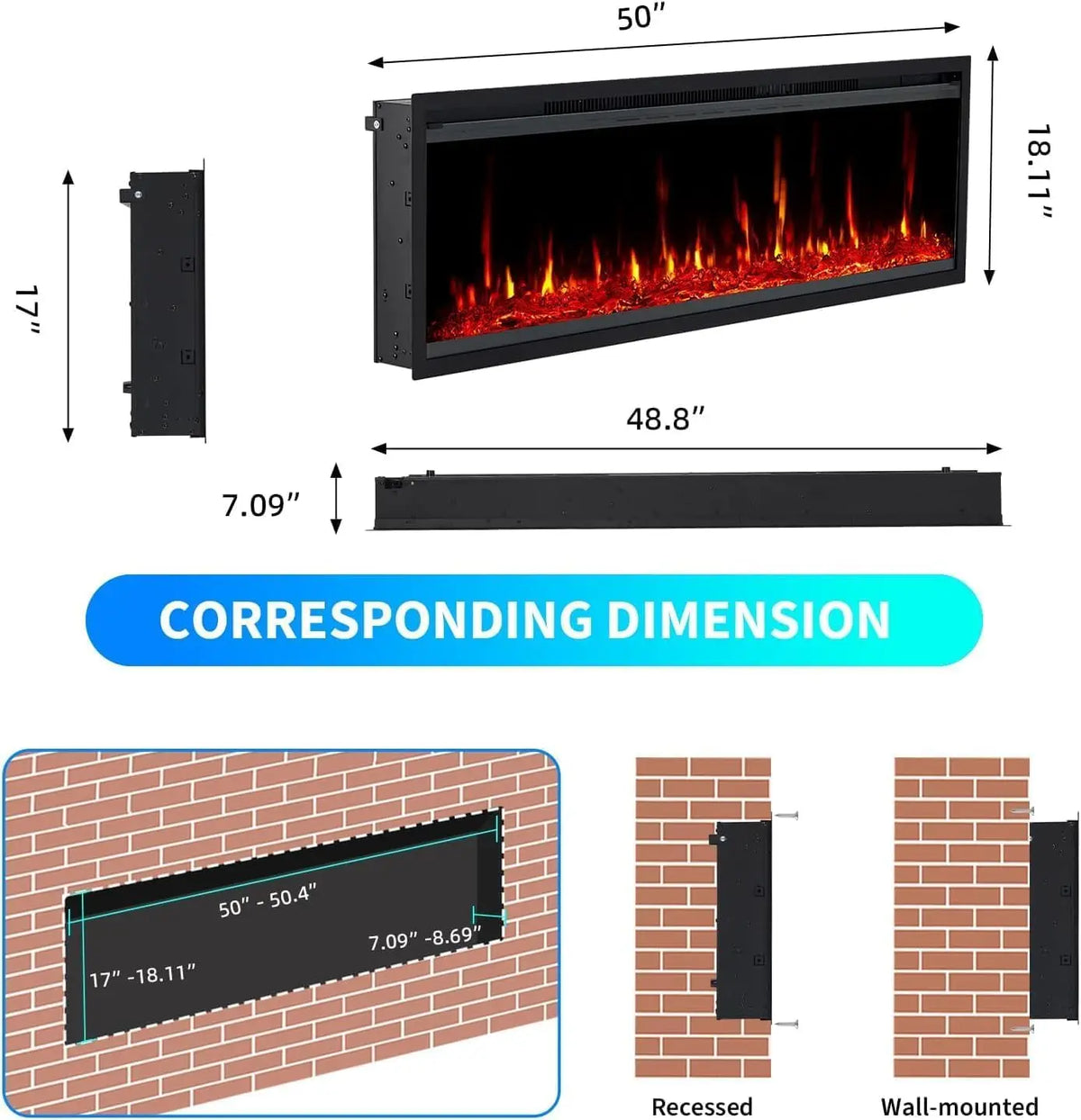 Acekool Wall Mounted Electric Fireplace Heater With Remote Control