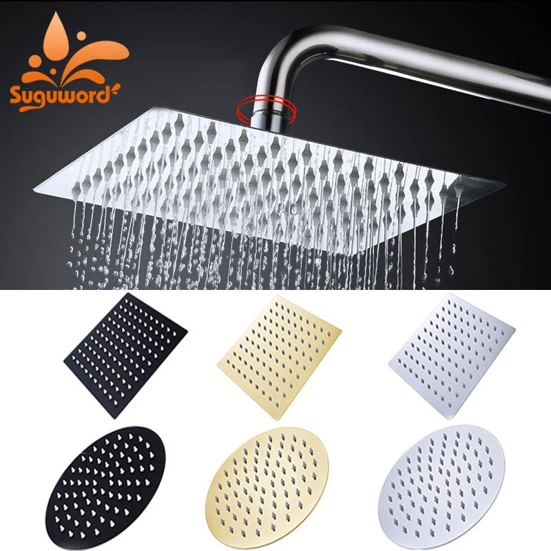 Suguword Square Round Rainfall Shower Head Stainless Steel Water Saving