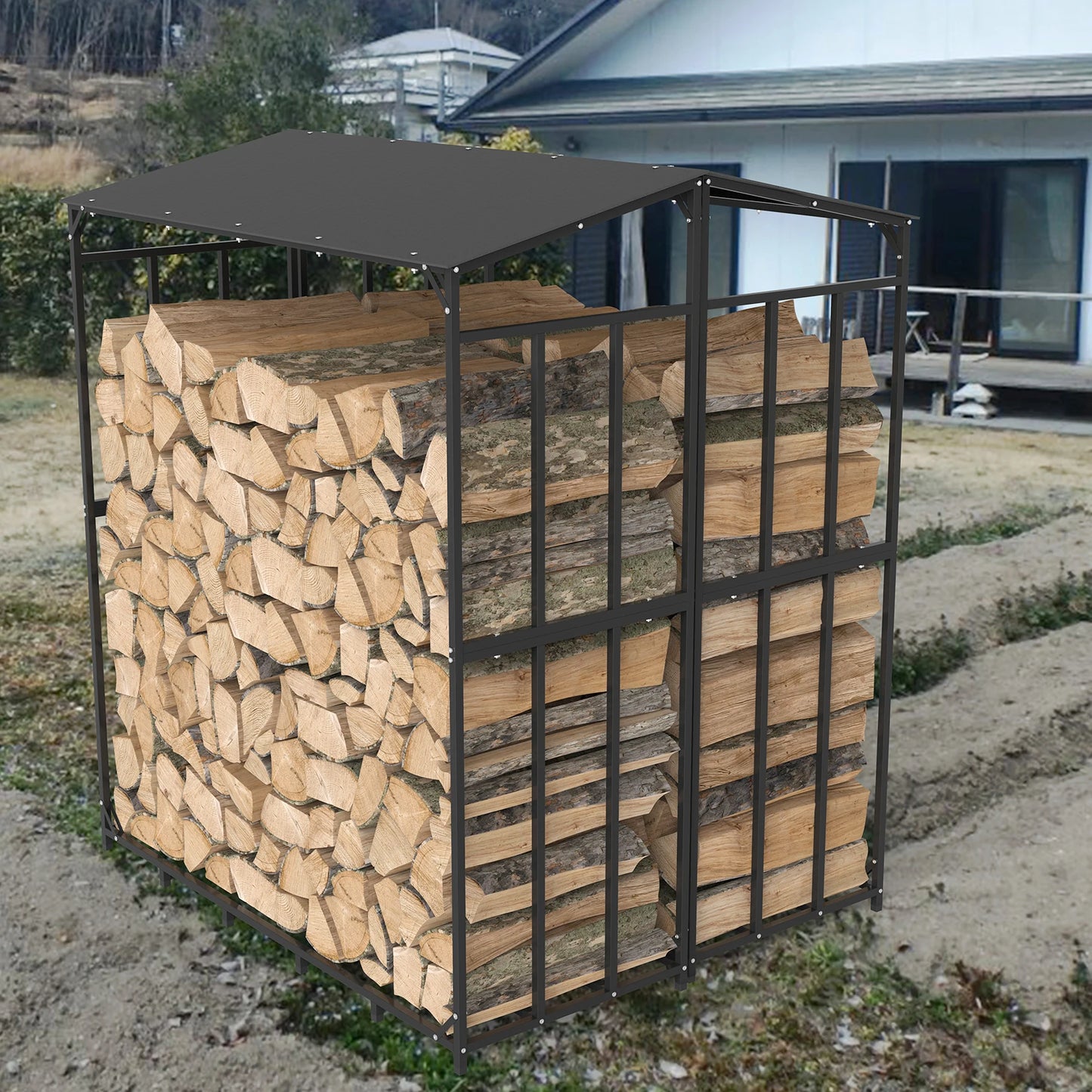Heavy Duty Iron Firewood Rack With Waterproof Outdoor Cover