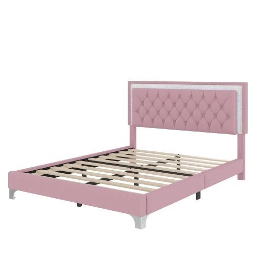 Queen Size Upholstered Platform Bed With LED Lights And Nightstands