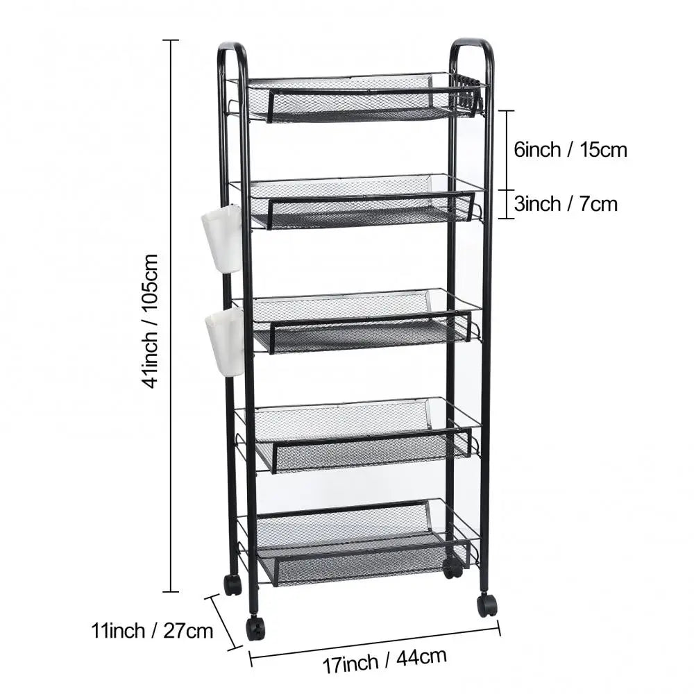 Five Tier Stackable Metal Mesh Fruit and Vegetable Storage Basket with Wheels