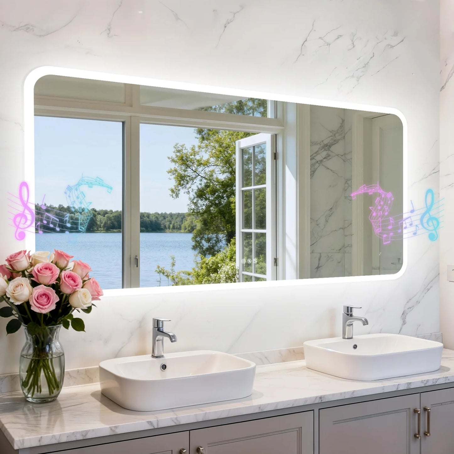 Rectangle LED Bathroom Mirror With Bluetooth Speaker Anti Fog Backlight Dimmable