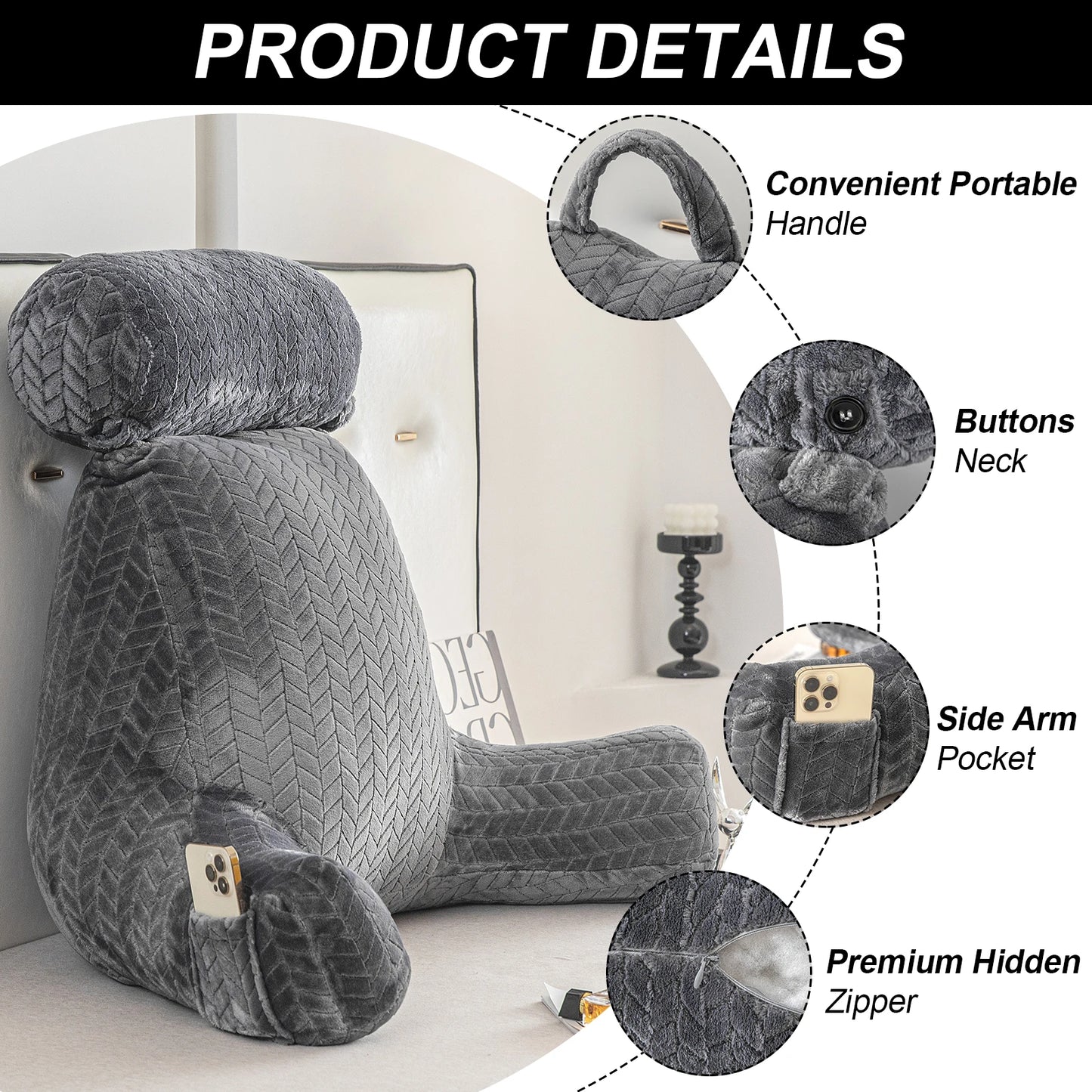 Bed Rest Reading Pillow With Arms For Backrest Support And Neck Roll
