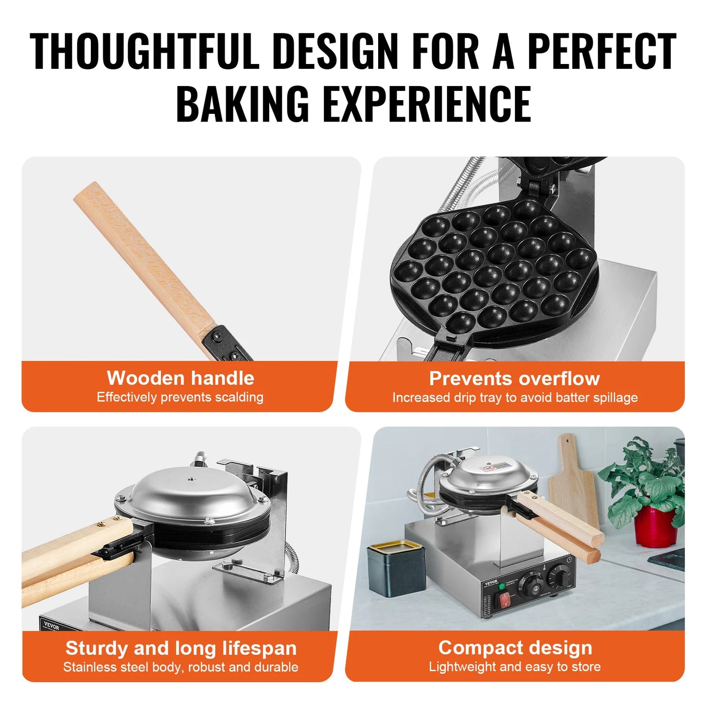 VEVOR SucceBuy Commercial Egg Bubble Waffle Maker 1400W Rotatable
