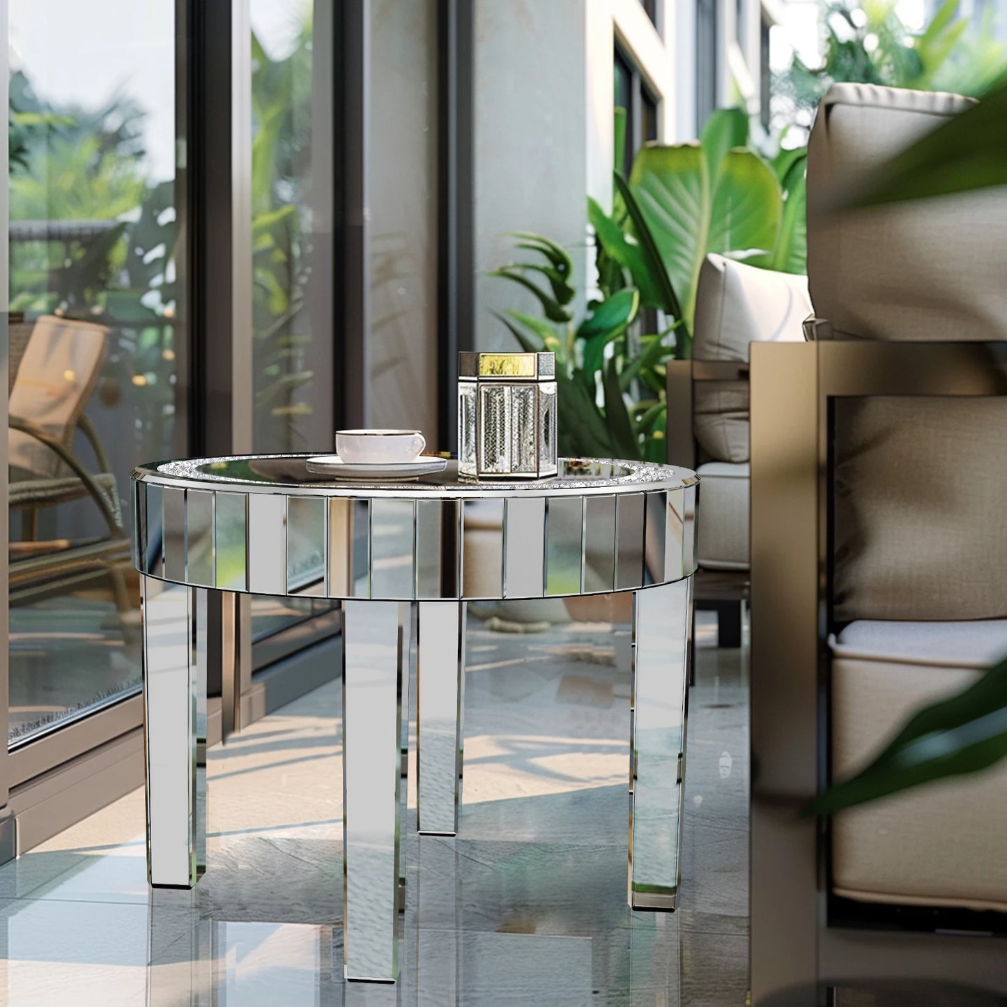 Wisfor Round Mirrored Accent Table Crystal Mirror Legs Diamond Edge