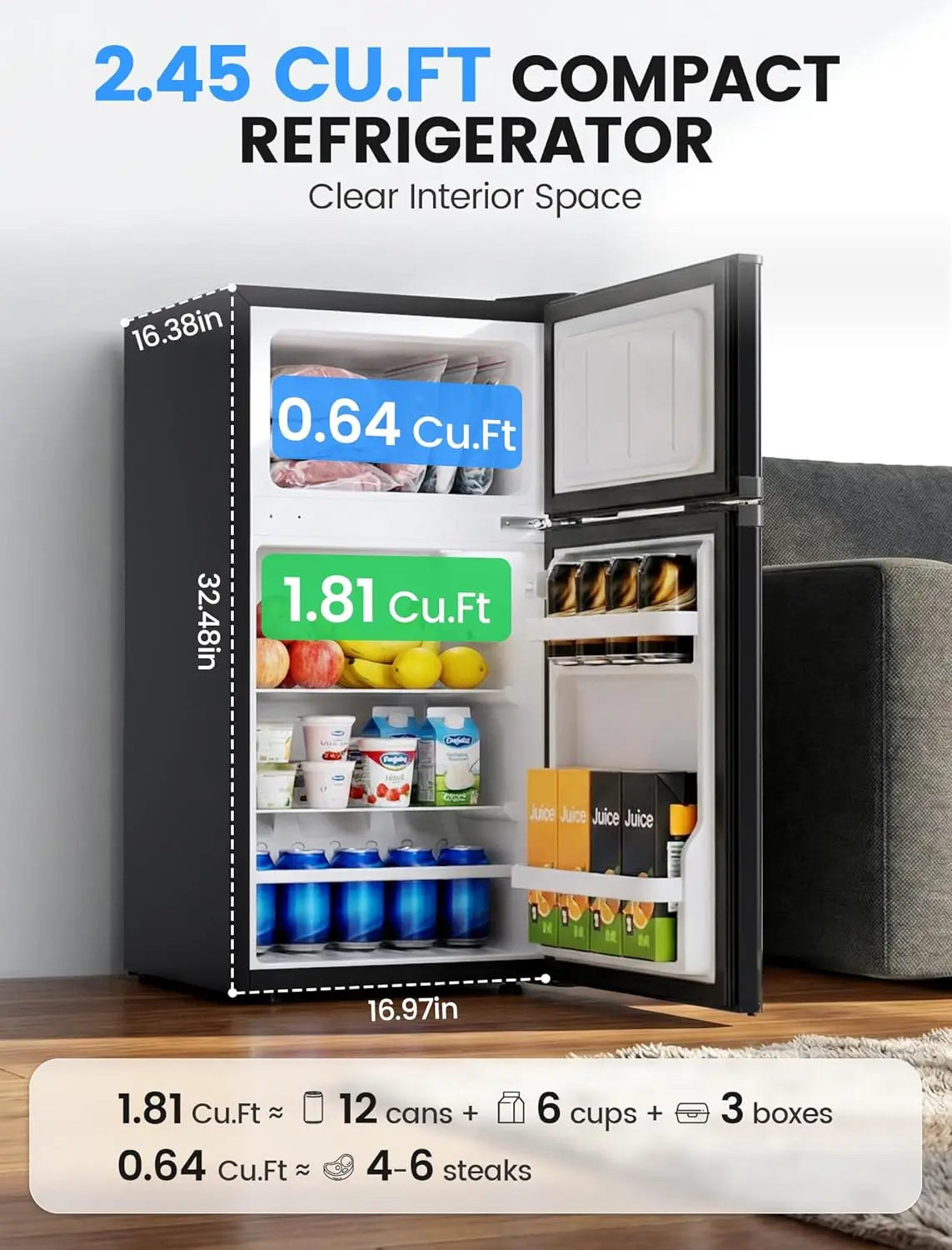 XMSJ Dorm Refrigerator With Freezer Double Reversible Door Compact