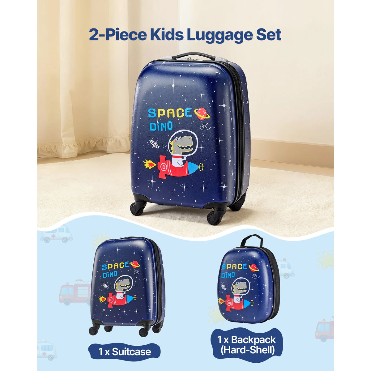 SucceBuy Kids Dinosaur Hard Shell Luggage Set With Backpack