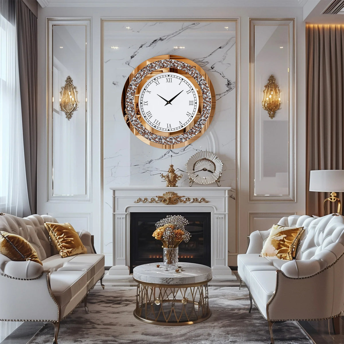 Crystal Sparkle Mirrored Wall Clock for Living Room Decor