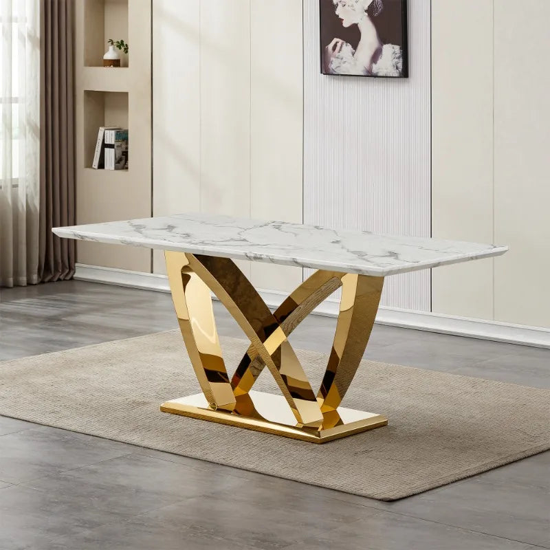 Dutrieux Luxury 6 Person Dining Table Modern Gold Legs Faux Marble