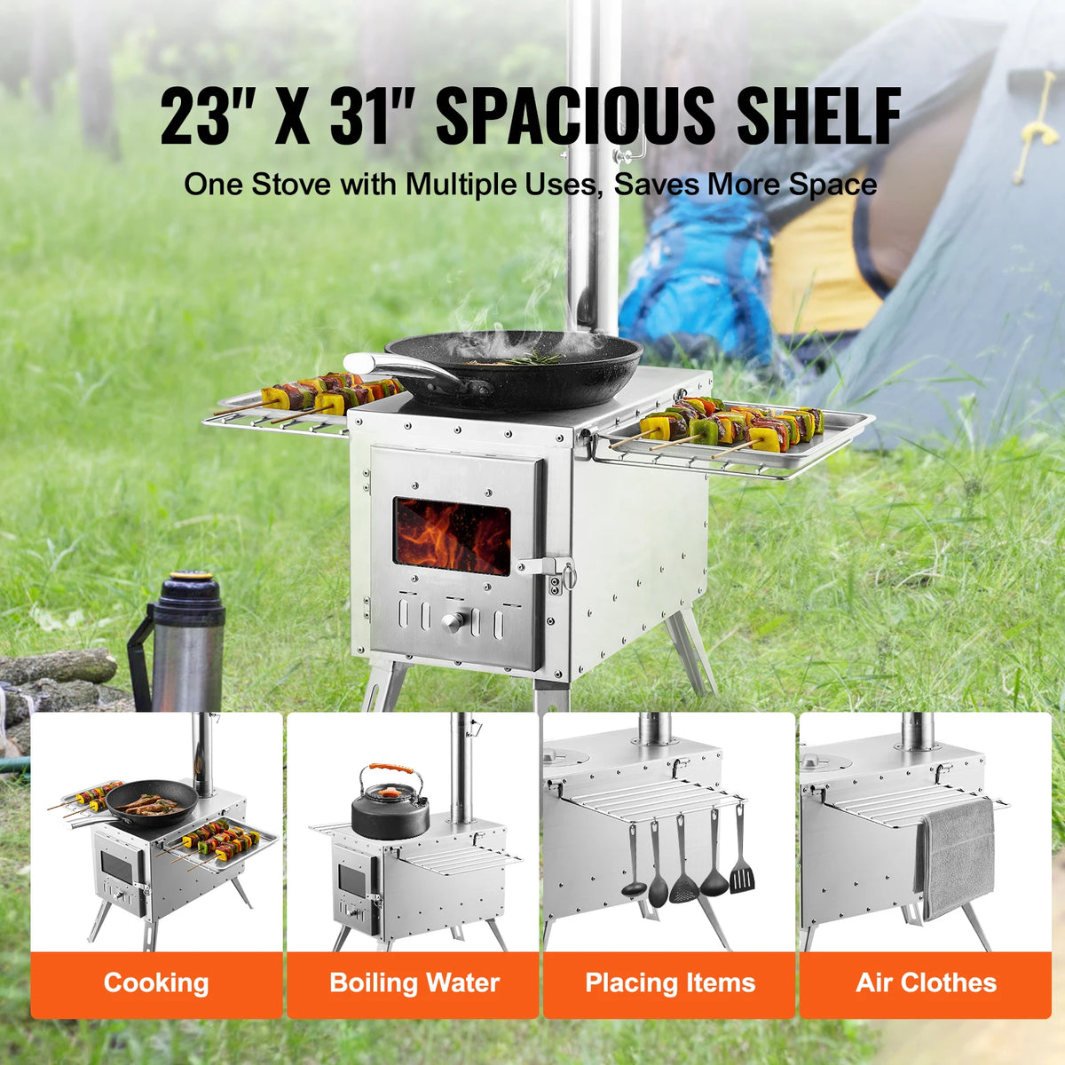 Portable Camping Wood Burning Stove With Chimney Pipes And Gloves