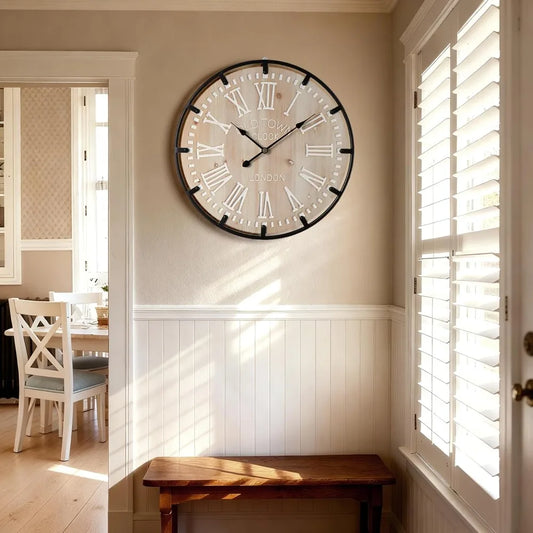 Farmhouse Rustic Wall Clock With Metal Circle Silent Analog Design