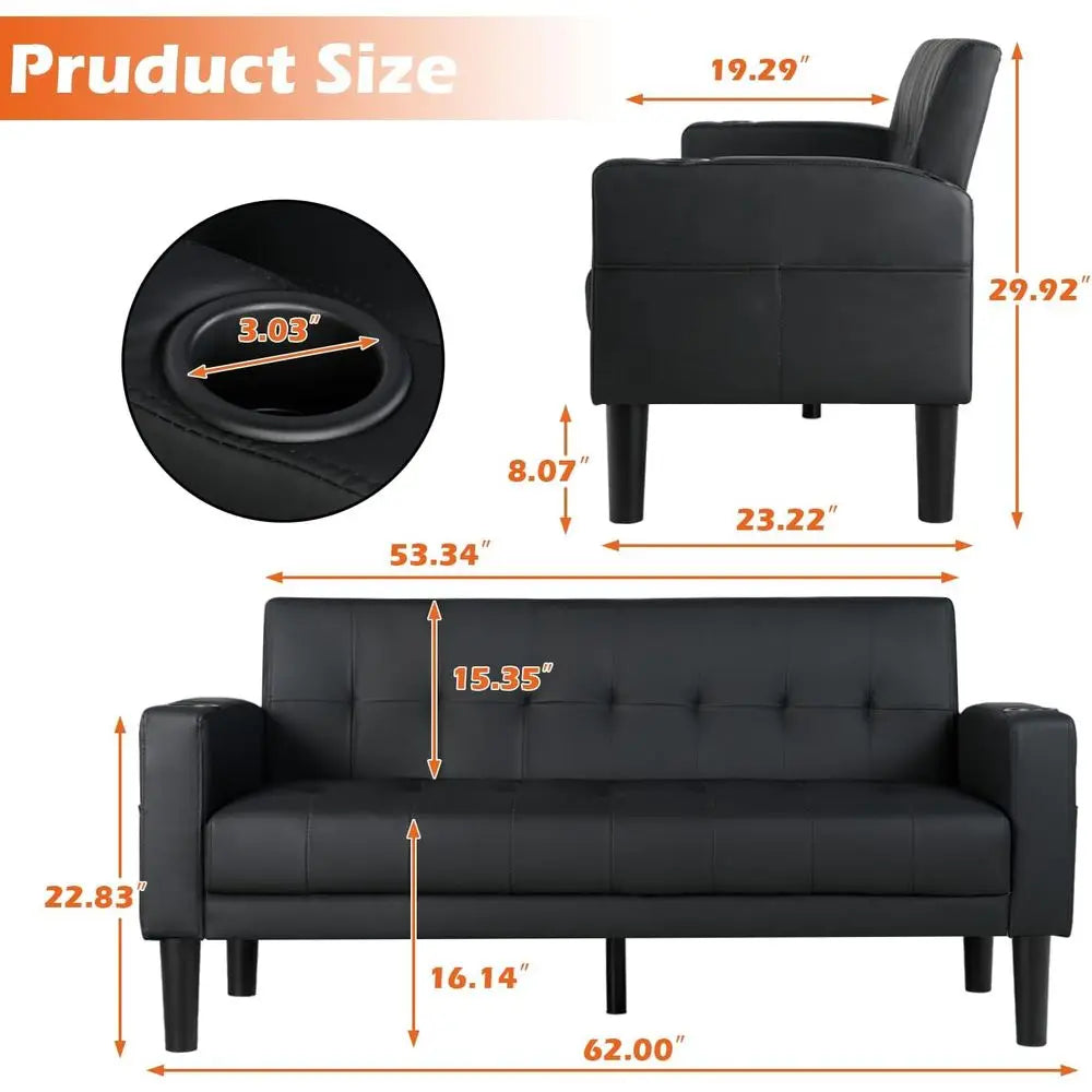 Upholstered Leather Loveseat Sofa With USB Ports And Cup Holders