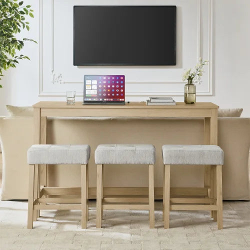 Solid Wood And MDF Dining Table Set With Upholstered Stools