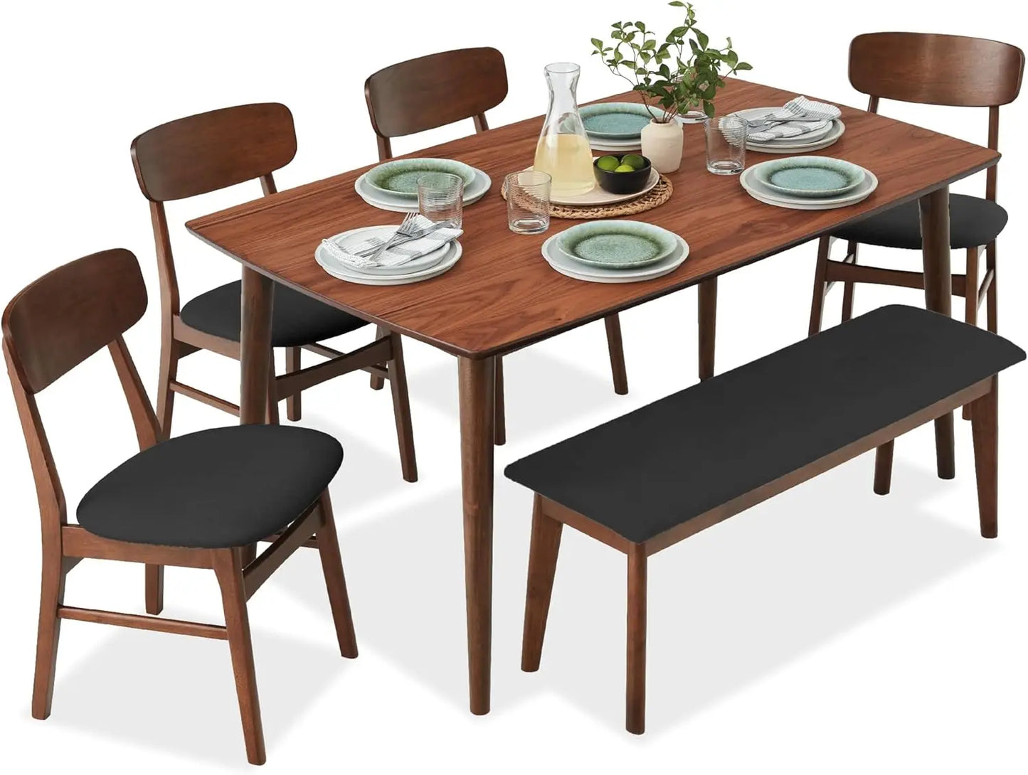 6-Piece Wooden Dining Table And Upholstered Chair Set Rubberwood
