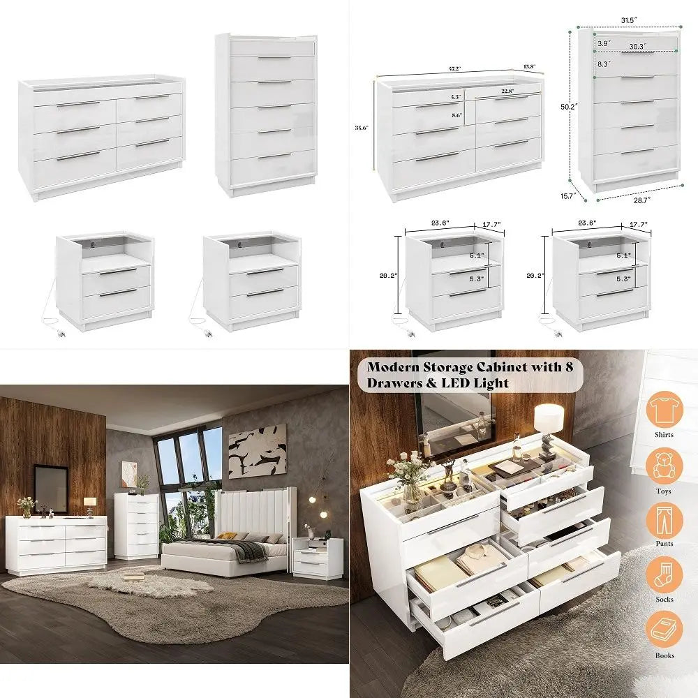 Fluted Wood Dresser Set With Nightstands And 9 Drawers